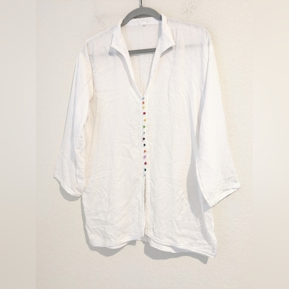 White Sheer Silky Embroidered Rainbow Pom Pom Buttoned V-Neck Tunic Blouse - Picture 3 of 9